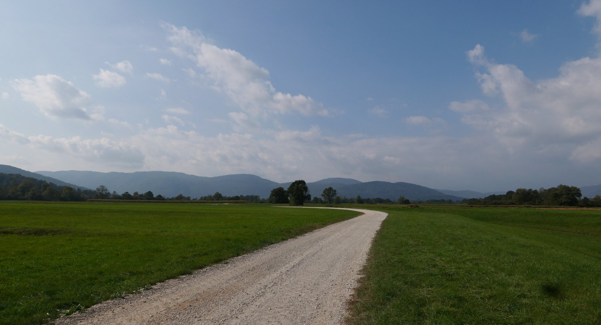 A path between meadows with mountains in the background.