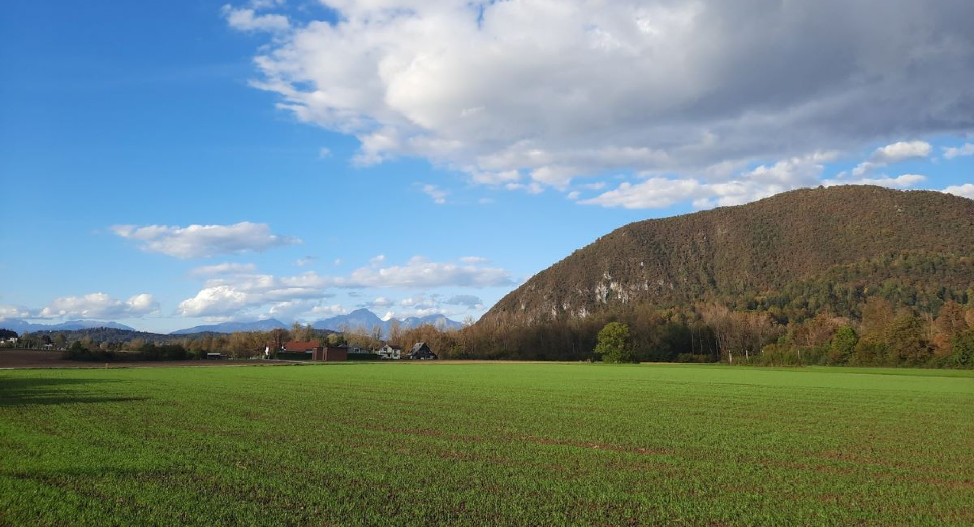 A view of a field with hills in the background.