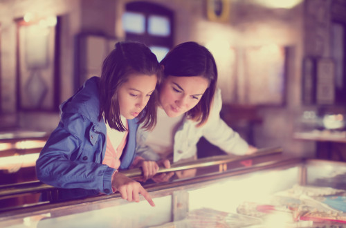 A mother and daughter are viewing the exhibition in the museum. The daughter is pointing out a part of the exhibition to her mother.