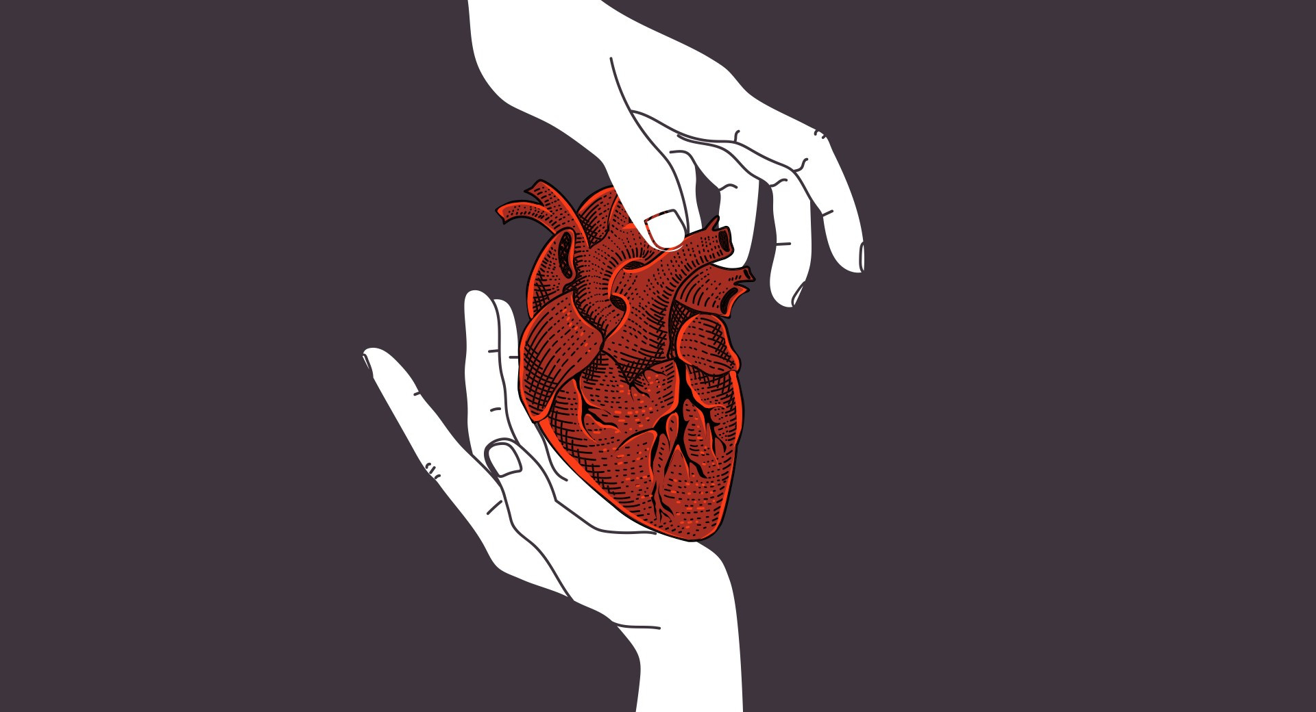 A minimalist illustration shows two white hands on a dark background passing a red anatomical heart to each other.