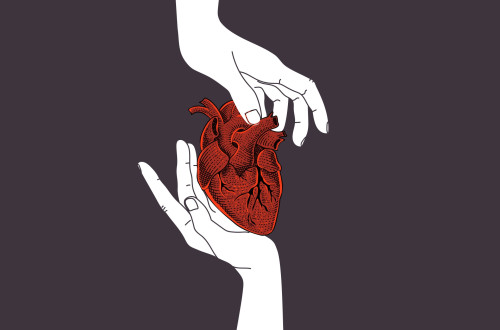 A minimalist illustration shows two white hands on a dark background passing a red anatomical heart to each other.