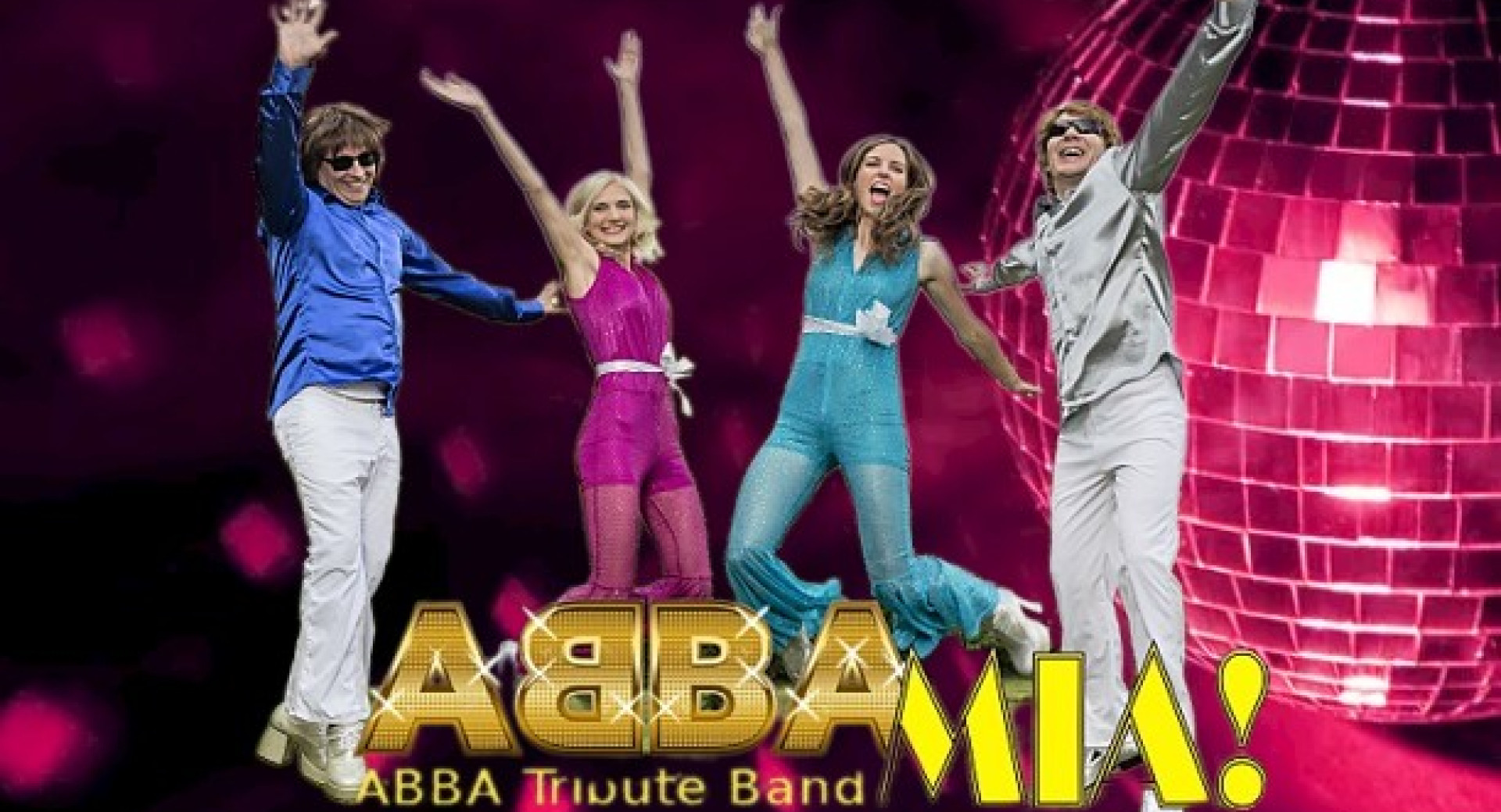 Stiri zenske v retro barvitih oblacilih, napis 'ABBA MIA, ABBA tribute band'.