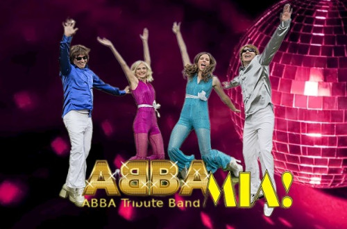 Stiri zenske v retro barvitih oblacilih, napis 'ABBA MIA, ABBA tribute band'.