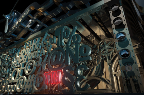 KomplA complex structure featuring metallic components, symbols, and numbers intertwined with dark gears, gauges, and industrial elements. Glowing neon signs create a striking contrast in the dark, tech-inspired setting.eksna struktura s kovinskimi kompon