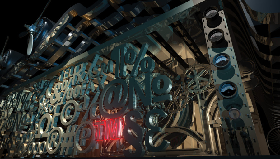 KomplA complex structure featuring metallic components, symbols, and numbers intertwined with dark gears, gauges, and industrial elements. Glowing neon signs create a striking contrast in the dark, tech-inspired setting.eksna struktura s kovinskimi kompon