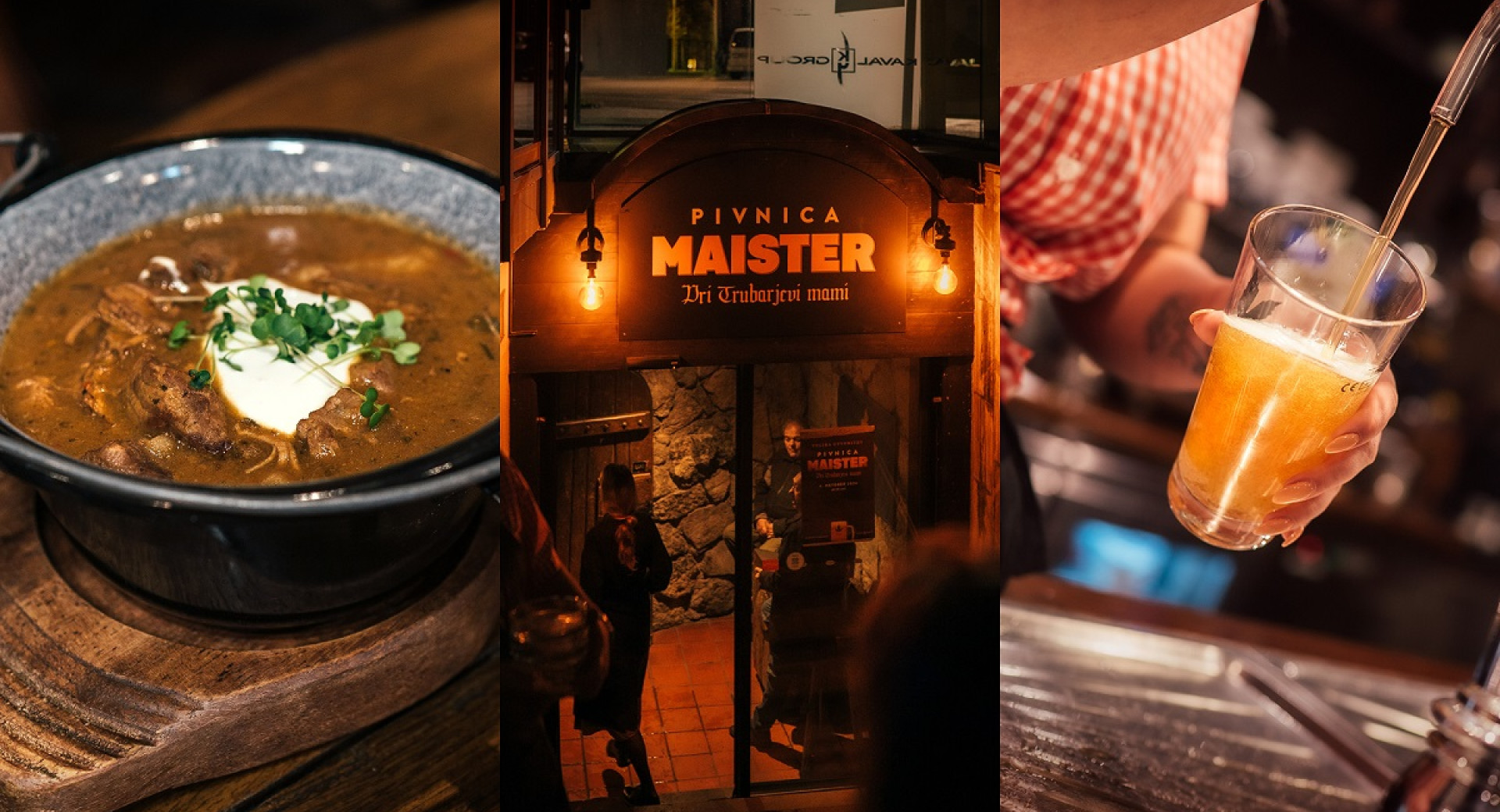 A collage of photos: beer, stew, and the entrance to the venue.