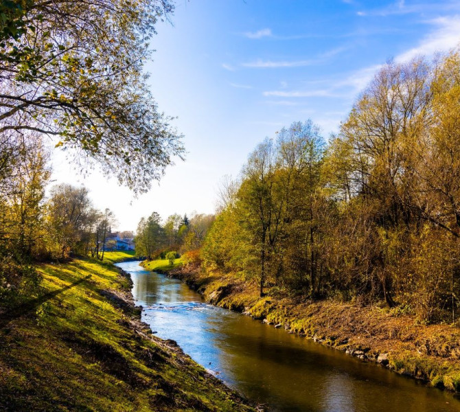 A calm river surrounded by green and autumn-coloured trees under a clear blue sky.