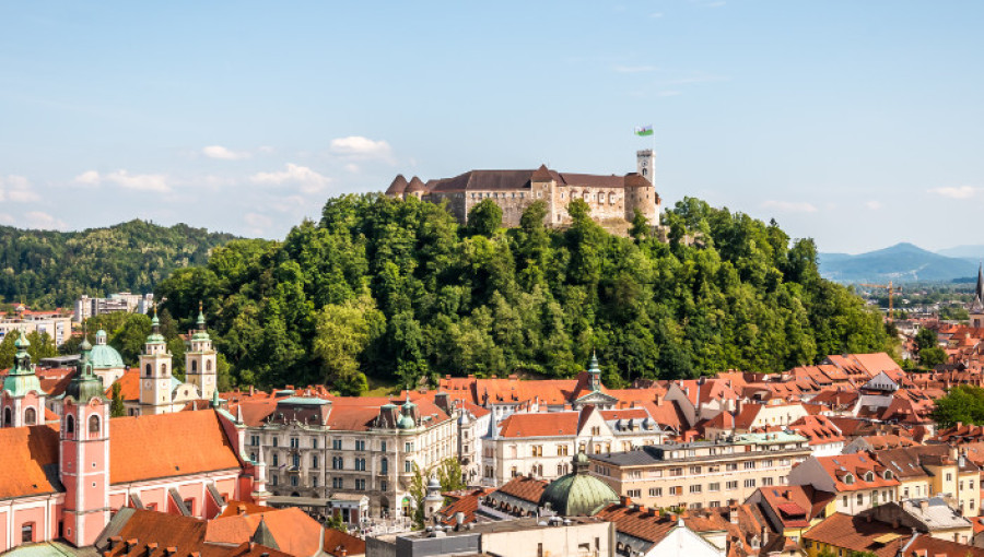 Panoramski pogled na grad, ki stoji na zelenem hribu sredi mesta, obdan z rdecimi strehami mestnih stavb in cerkvenimi zvoniki, pod modrim nebom.