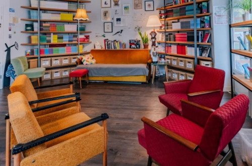 A cozy reading room with colorful armchairs, wooden bookshelves filled with books, and warm lighting.