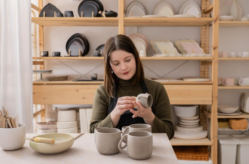 A woman working on a ceramic mug at a table, carefully shaping the details, with shelves of pottery in the background.