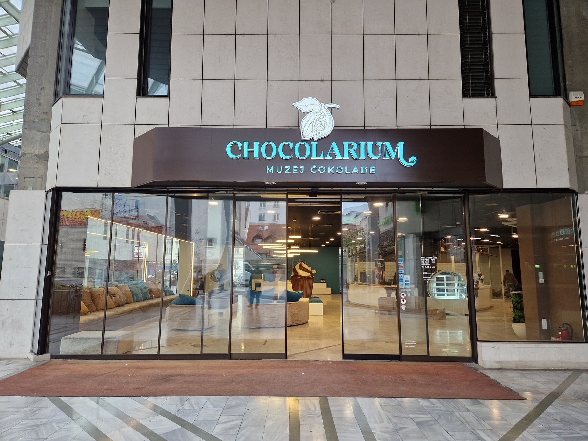 The large glass doors with the inscription "Chocolarium."