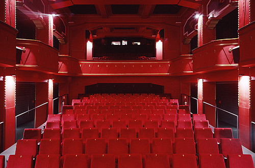 The interior of a movie theater.