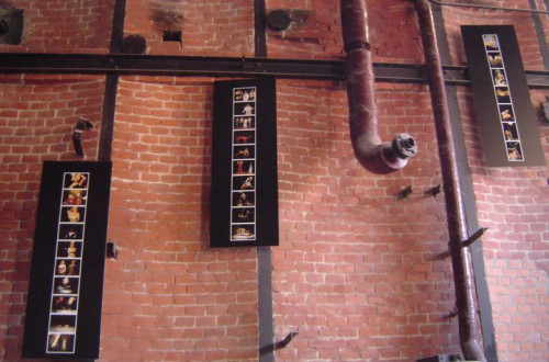 A brick wall with hanging photographs.