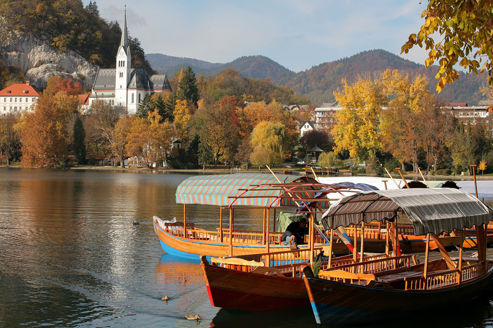 Pogled na pletne na Bledu v jesenskem času