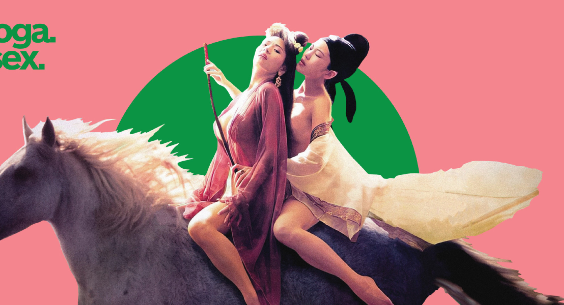 A promotional poster with the text "Kinosloga. Retrosex." on a pink background. Two people are sitting on a horse, dressed in vintage clothing.