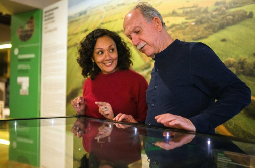  An elderly couple is looking at an exhibition in a museum.