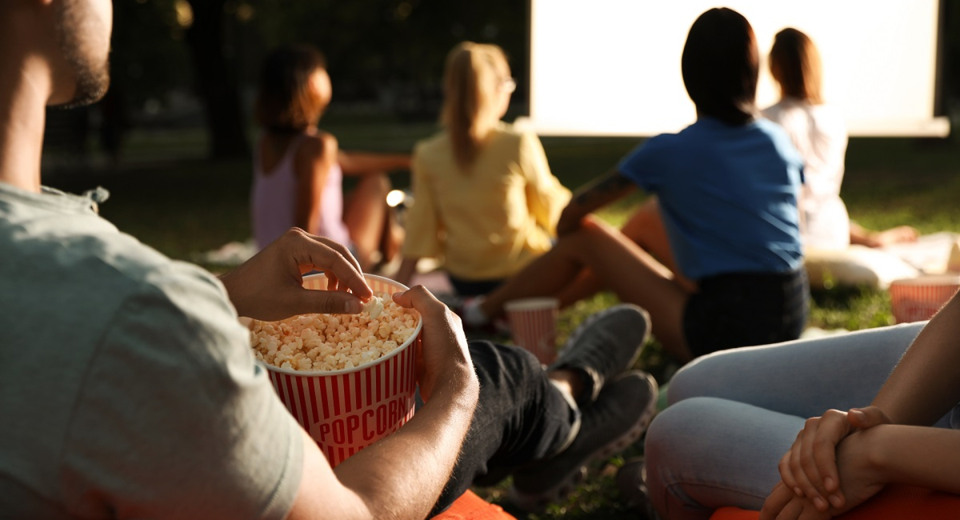 Skupina ljudi sedi na travo in gleda film.