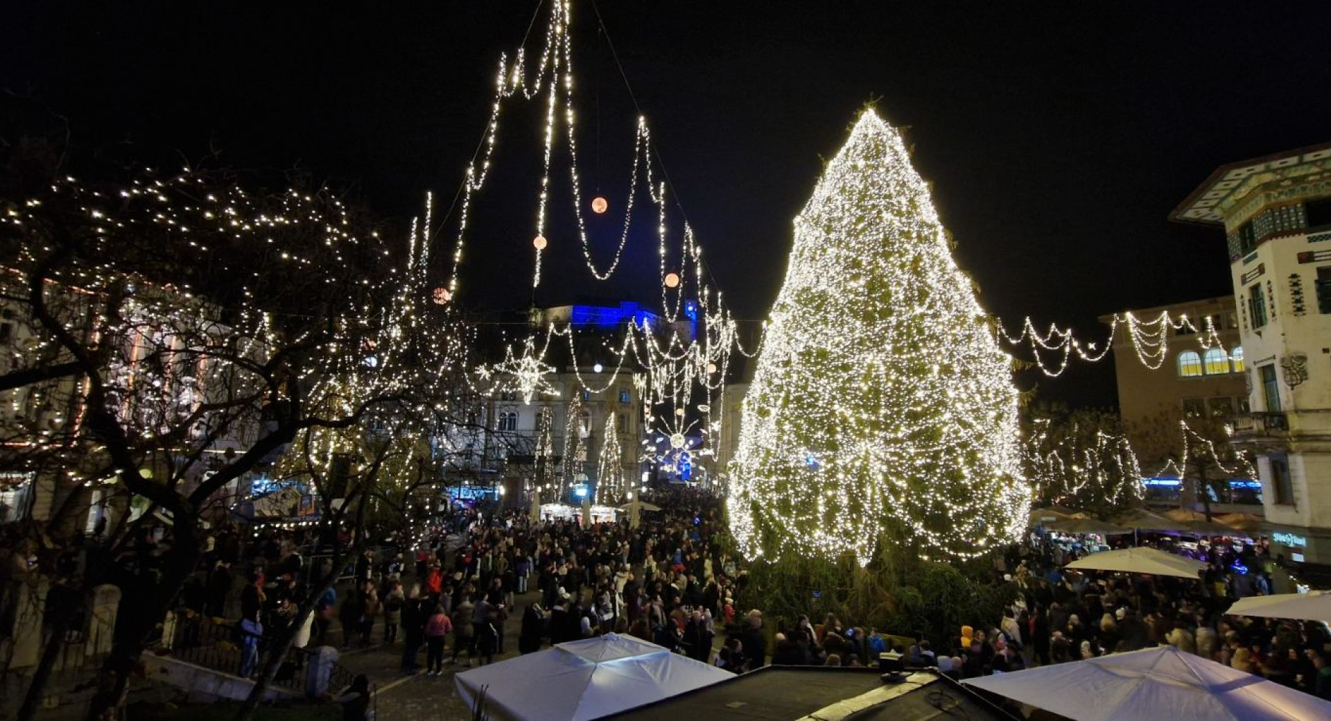 Pogled na osrednji mestni trg z daljave zvecer. V srediscu smreka z rumenimi lucmi, okoli nje z rumenimi lucmi okrasene ulice in drevesa.