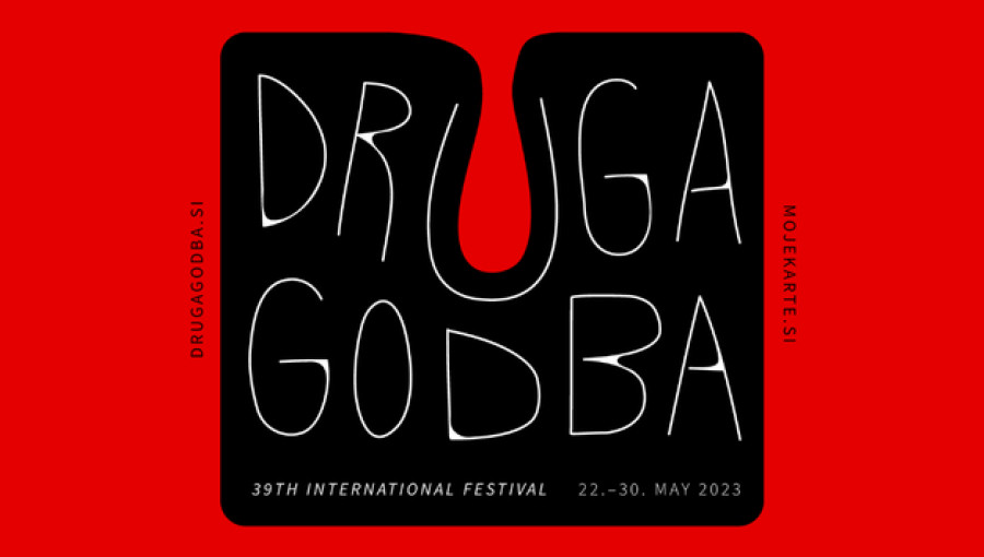Red background. A black piece of puzzle with a sign Druga godba.poster for Druga godba event