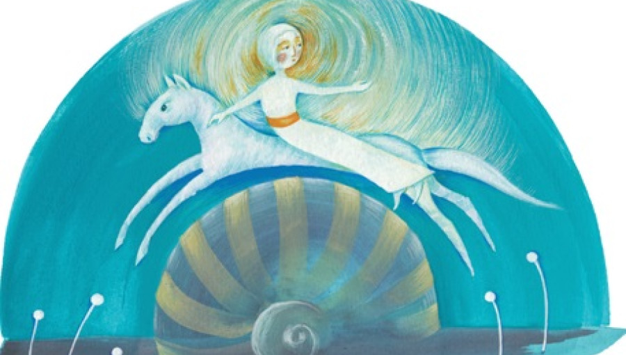 ilustracija decka na konju, ki skace cez skoljko; narisano v modrih in rumenih odtenkih