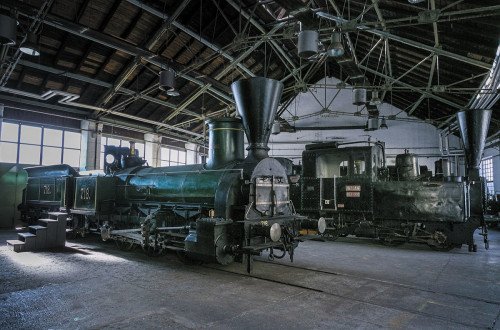 Old trains in a large hall.