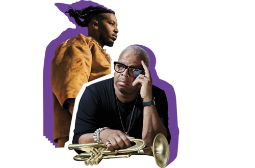 Two black musicians, one with glasses and a trumpet.